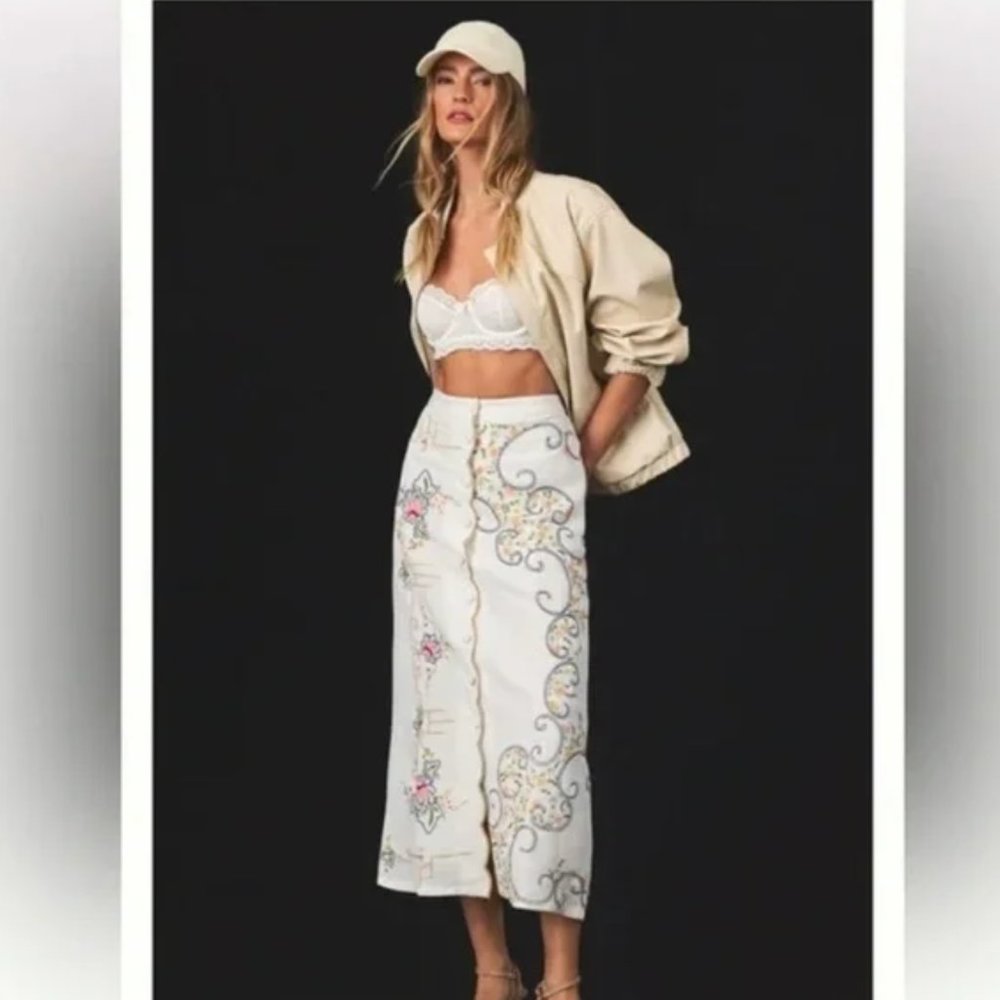 NWT Anthropologie White Scalloped Embroidered Midi Skirt